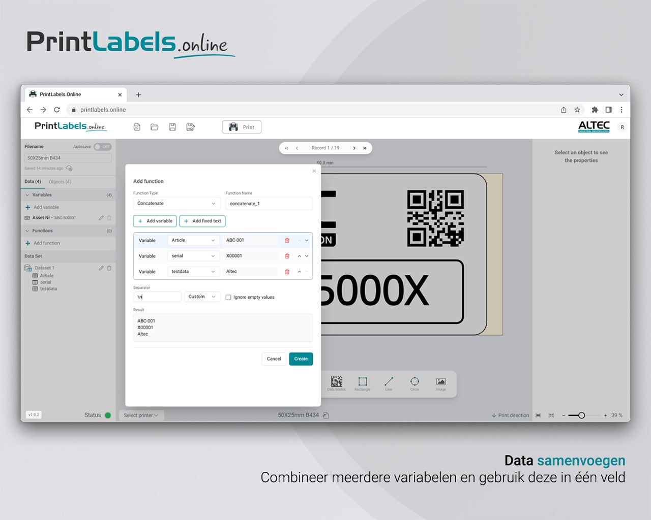 Functie voor het samenvoegen van meerdere variabelen in PrintLabels.Online om gegevens automatisch in één labelveld te combineren